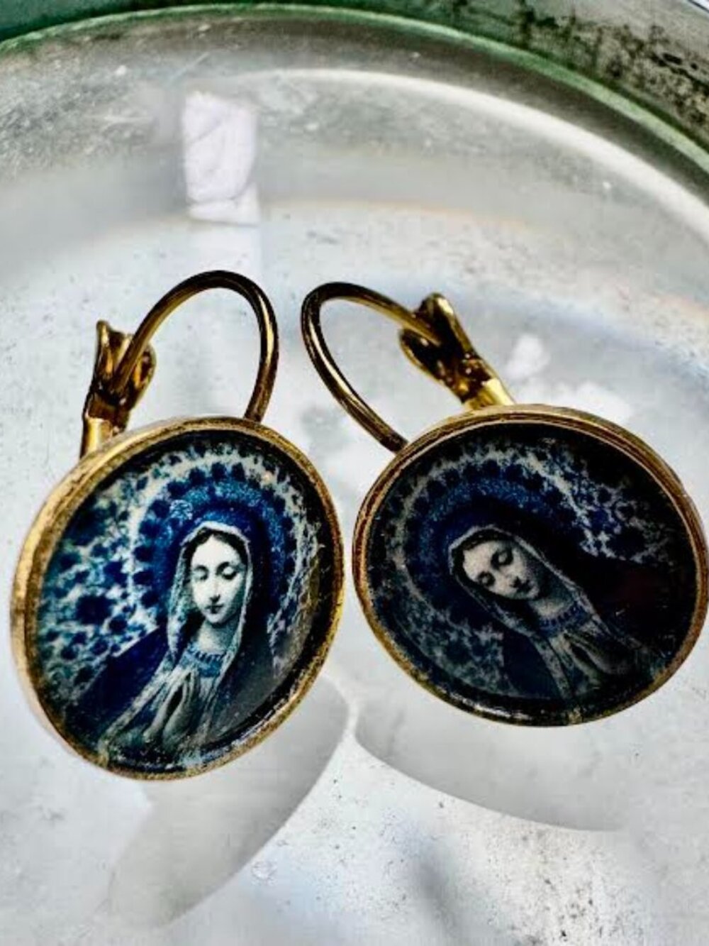 Vintage Style Enamel like small Mother of God Earrings New